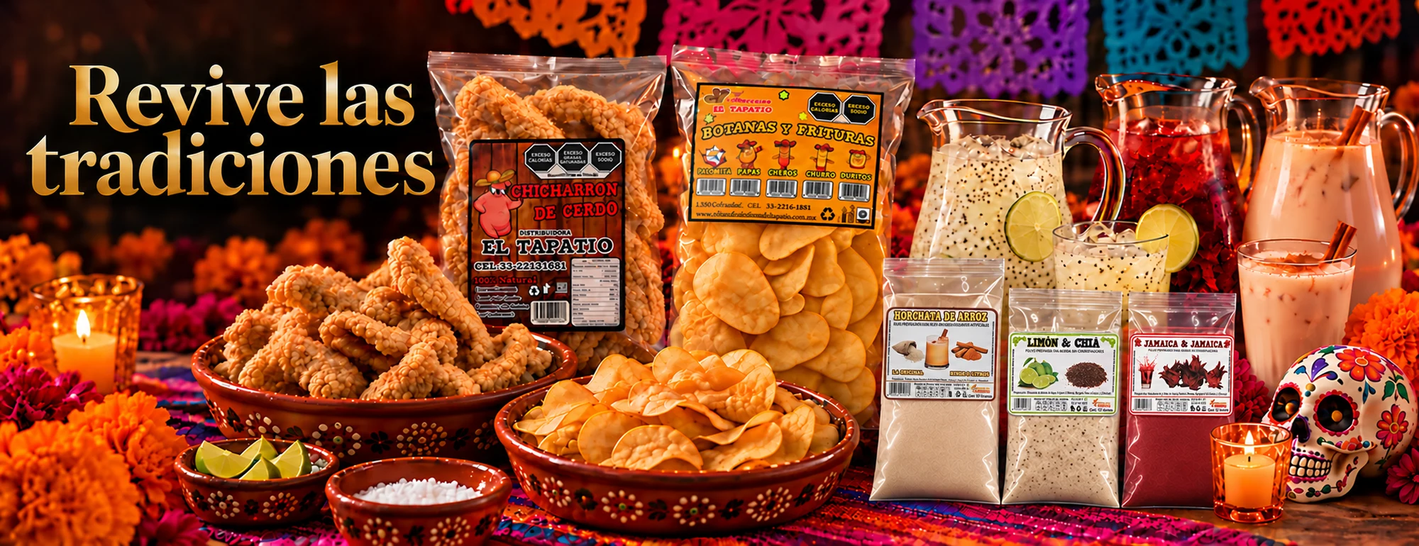 Revive las tradiciones: chicharrones, papas y aguas frescas en una fiesta de Día de Muertos